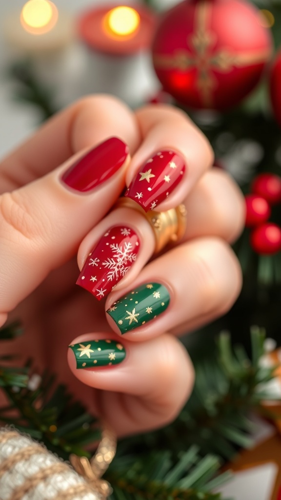 Simple and Classy Christmas Nail Art Design Elegant Christmas nail art design with red and green polish, white snowflakes, and gold stars.